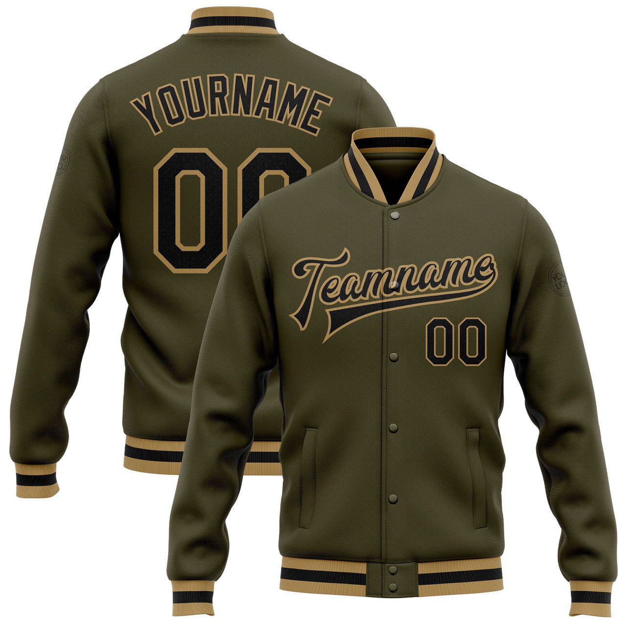 FUNSTUFFPRINT Custom Olive Black-Old Gold Bomber Full-Snap Varsity Letterman Salute To Service Jacket 3D Baseball Jacket