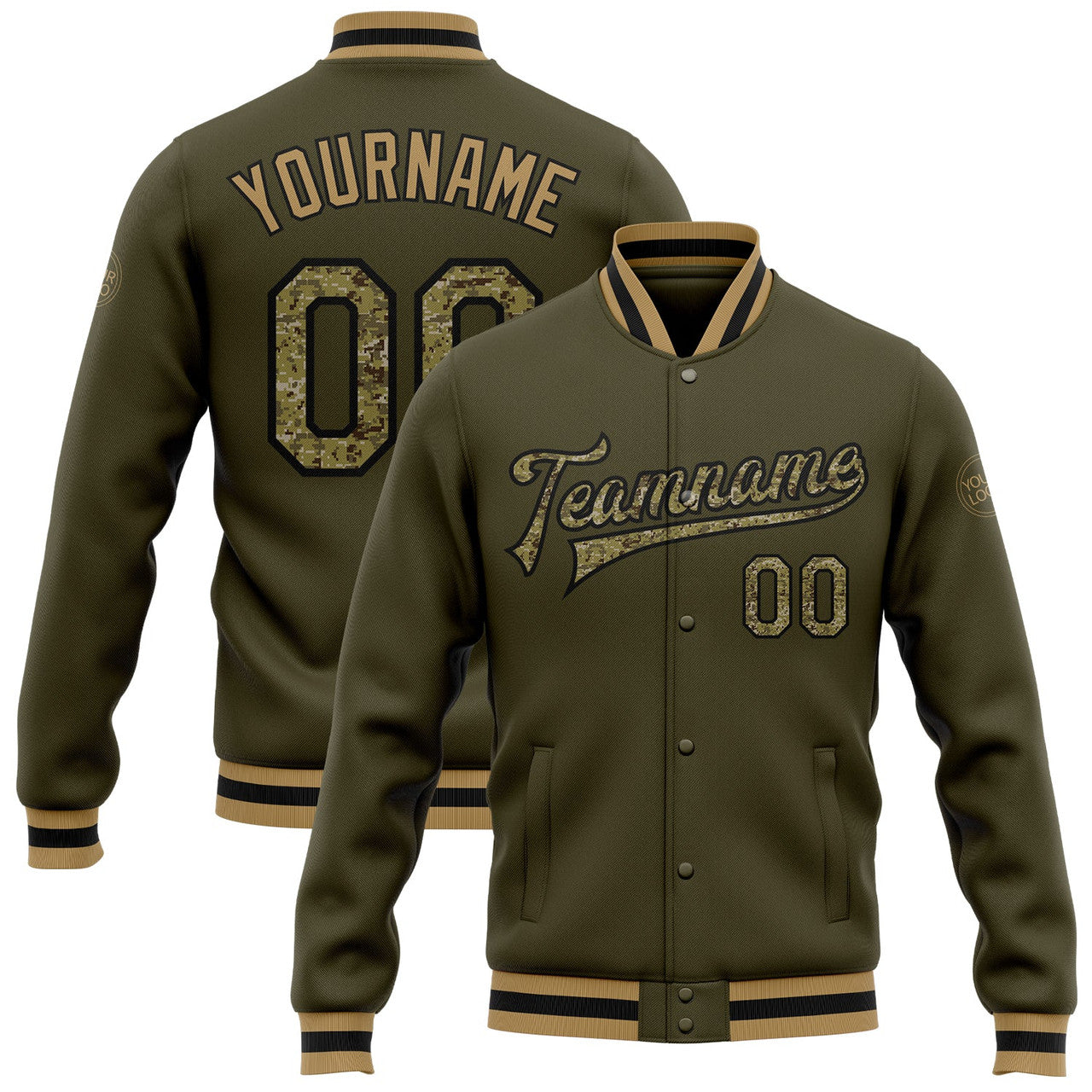 FUNSTUFFPRINT Custom Olive Camo Black-Old Gold Bomber Full-Snap Varsity Letterman Salute To Service Jacket 3D Baseball Jacket
