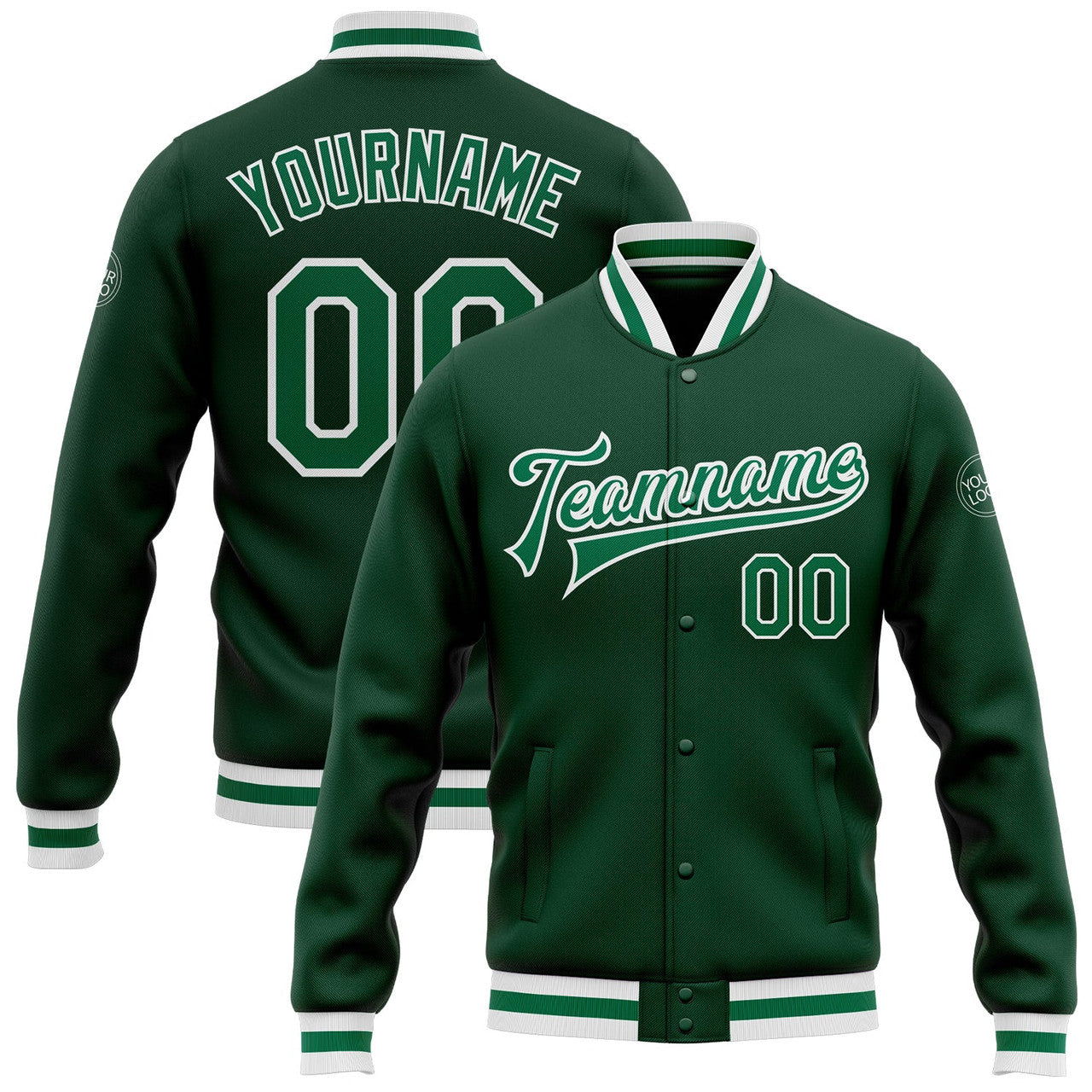 FUNSTUFFPRINT Custom Green Kelly Green-White Bomber Full-Snap Varsity Letterman Jacket 3D Baseball Jacket