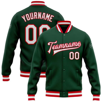 FUNSTUFFPRINT Custom Green White-Red Bomber Full-Snap Varsity Letterman Jacket 3D Baseball Jacket