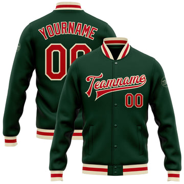 FUNSTUFFPRINT Custom Green Red-Cream Bomber Full-Snap Varsity Letterman Jacket 3D Baseball Jacket