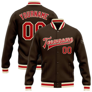 FUNSTUFFPRINT Custom Brown Red-Cream Bomber Full-Snap Varsity Letterman Jacket 3D Baseball Jacket