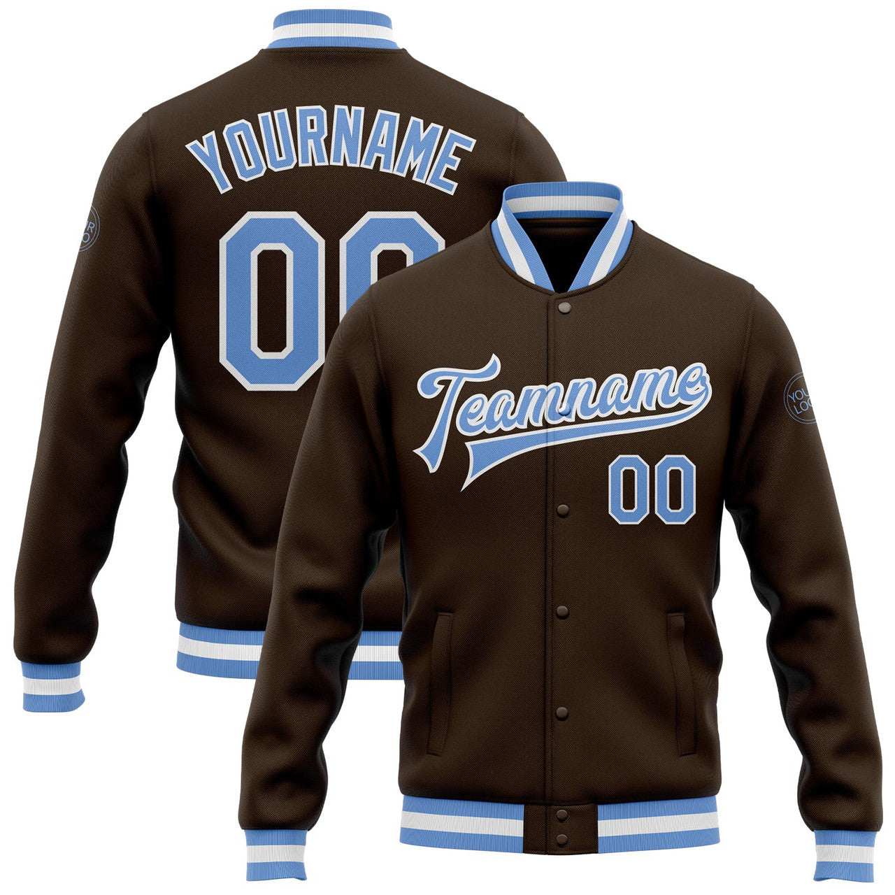 FUNSTUFFPRINT Custom Brown Light Blue-White Bomber Full-Snap Varsity Letterman Jacket 3D Baseball Jacket