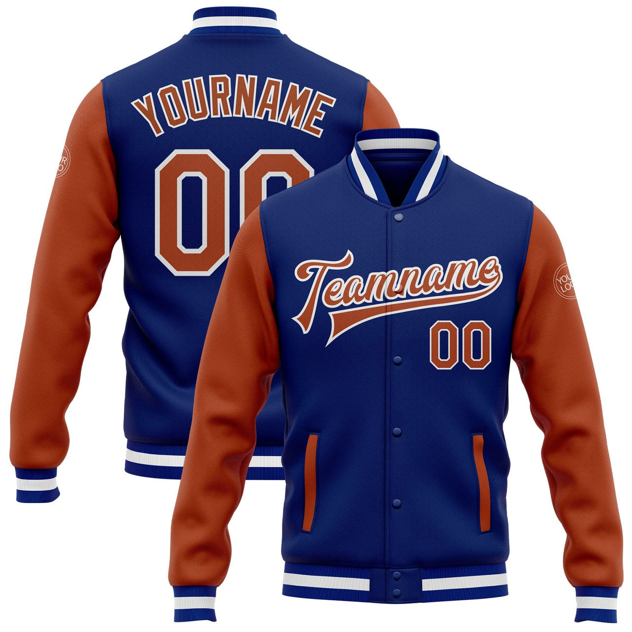 FUNSTUFFPRINT Custom Royal Texas Orange-White Bomber Full-Snap Varsity Letterman Two Tone Jacket 3D Baseball Jacket