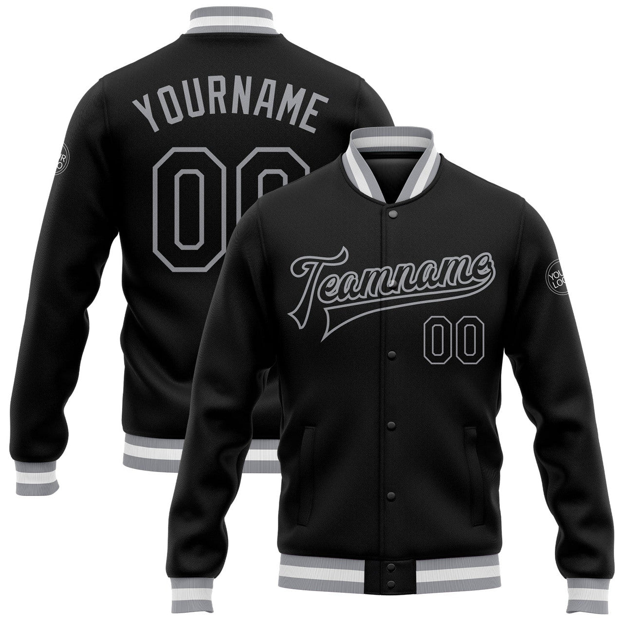 FUNSTUFFPRINT Custom Black Black-Gray Bomber Full-Snap Varsity Letterman Jacket 3D Baseball Jacket