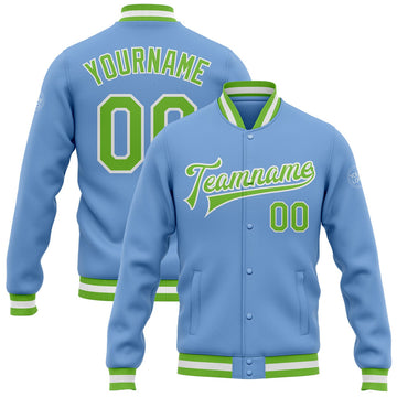 FUNSTUFFPRINT Custom Light Blue Neon Green-White Bomber Full-Snap Varsity Letterman Jacket 3D Baseball Jacket
