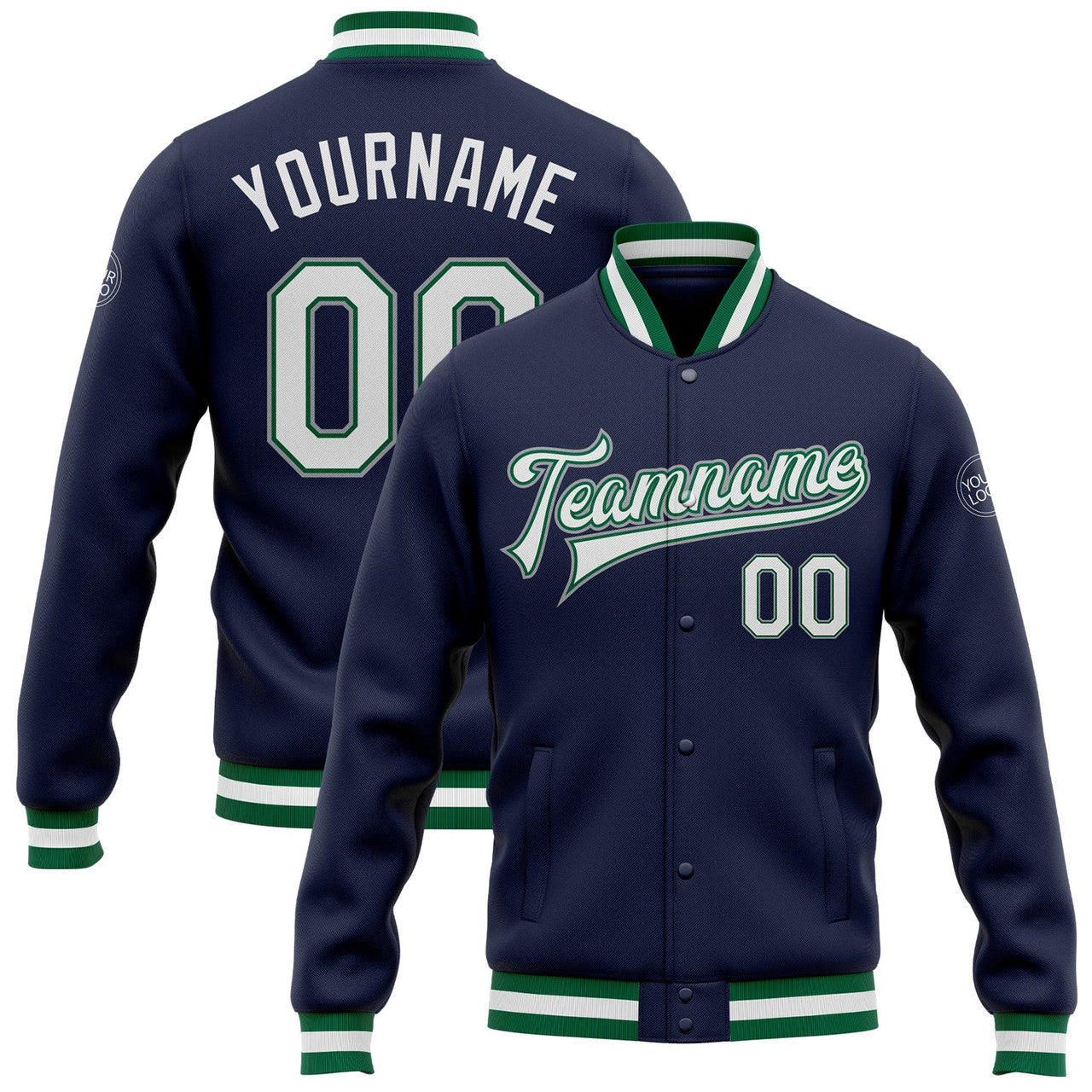 FUNSTUFFPRINT Custom Navy White Kelly Green-Gray Bomber Full-Snap Varsity Letterman Jacket 3D Baseball Jacket