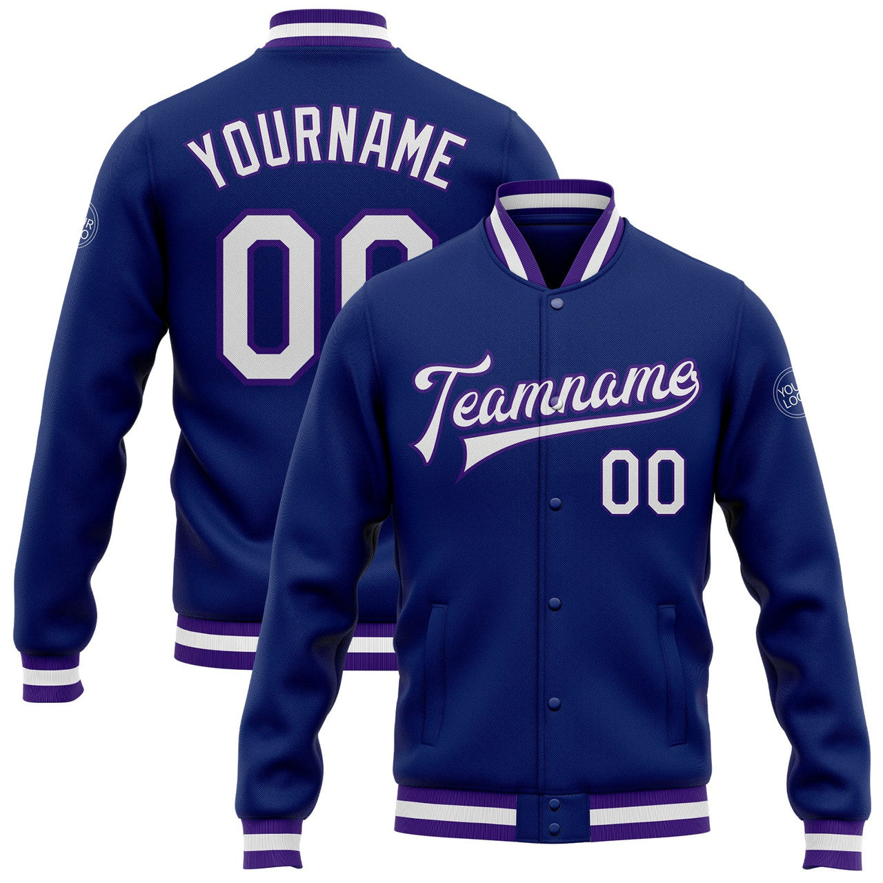 FUNSTUFFPRINT Custom Royal White-Purple Bomber Full-Snap Varsity Letterman Jacket 3D Baseball Jacket