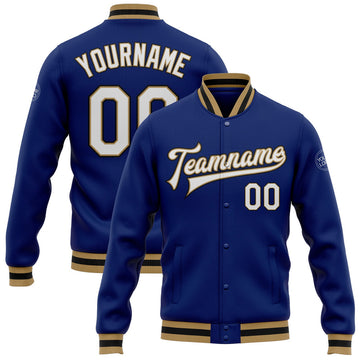 FUNSTUFFPRINT Custom Royal White Old Gold-Black Bomber Full-Snap Varsity Letterman Jacket 3D Baseball Jacket
