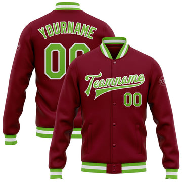 FUNSTUFFPRINT Custom Crimson Neon Green-White Bomber Full-Snap Varsity Letterman Jacket 3D Baseball Jacket