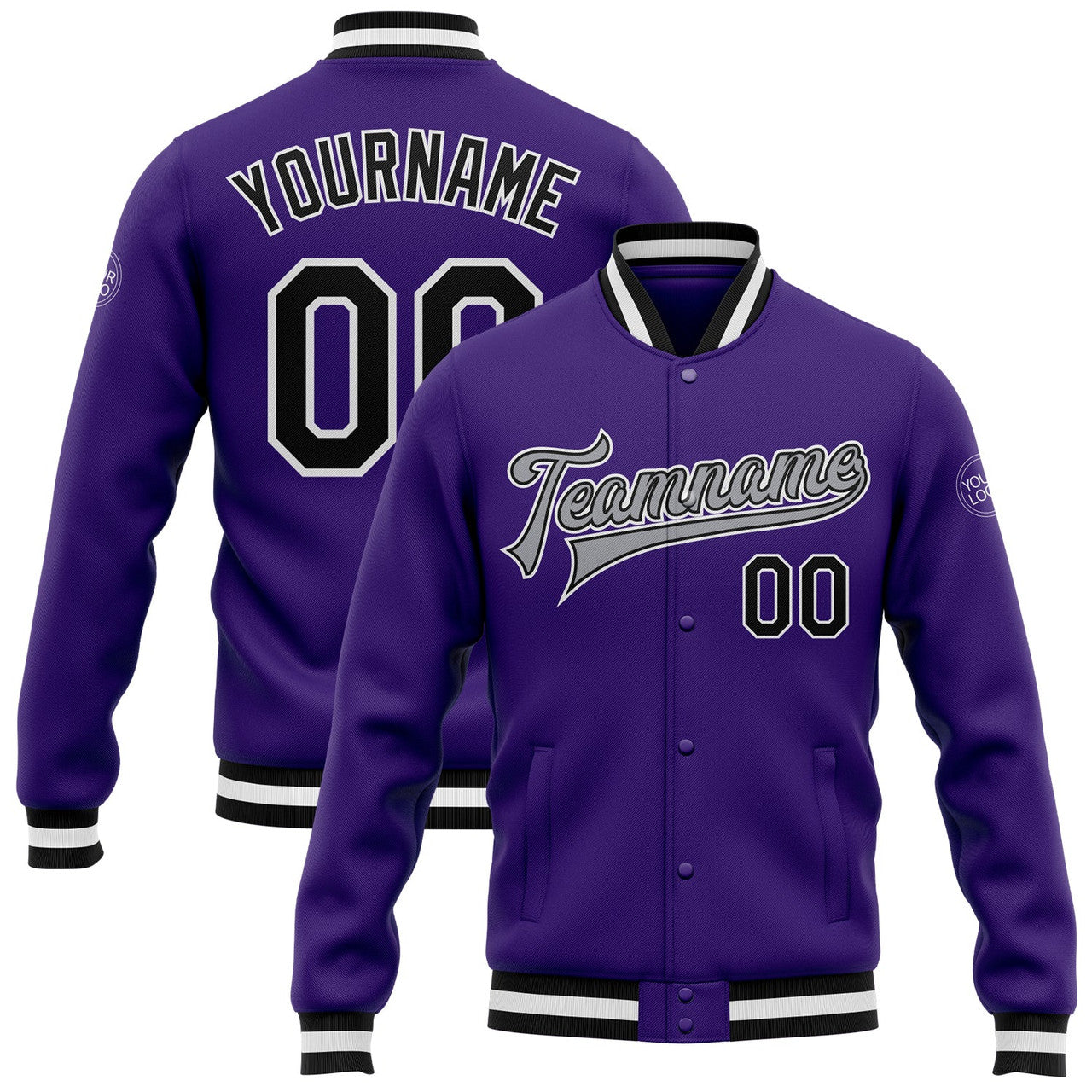 FUNSTUFFPRINT Custom Purple Black-Gray Bomber Full-Snap Varsity Letterman Jacket 3D Baseball Jacket