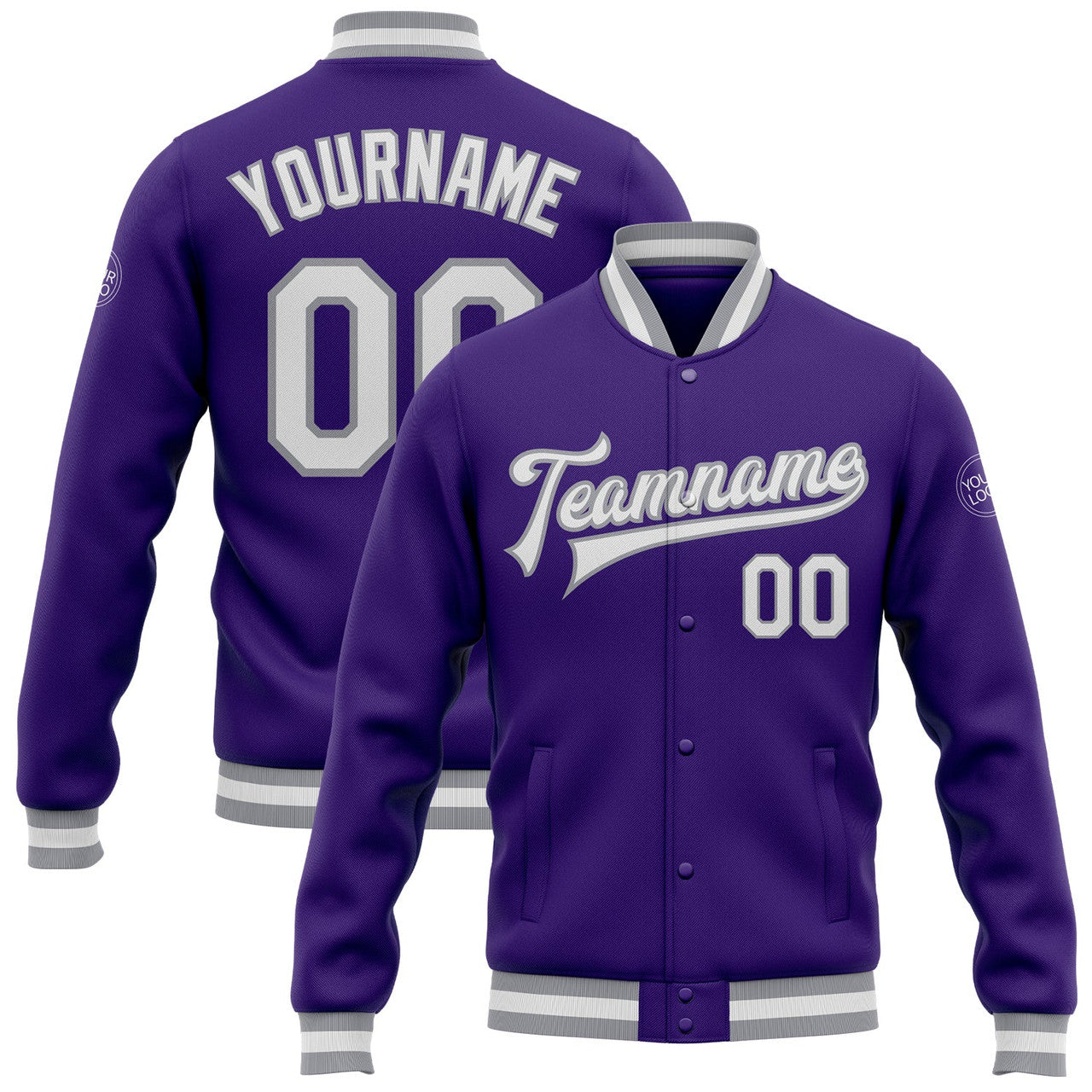 FUNSTUFFPRINT Custom Purple White-Gray Bomber Full-Snap Varsity Letterman Jacket 3D Baseball Jacket