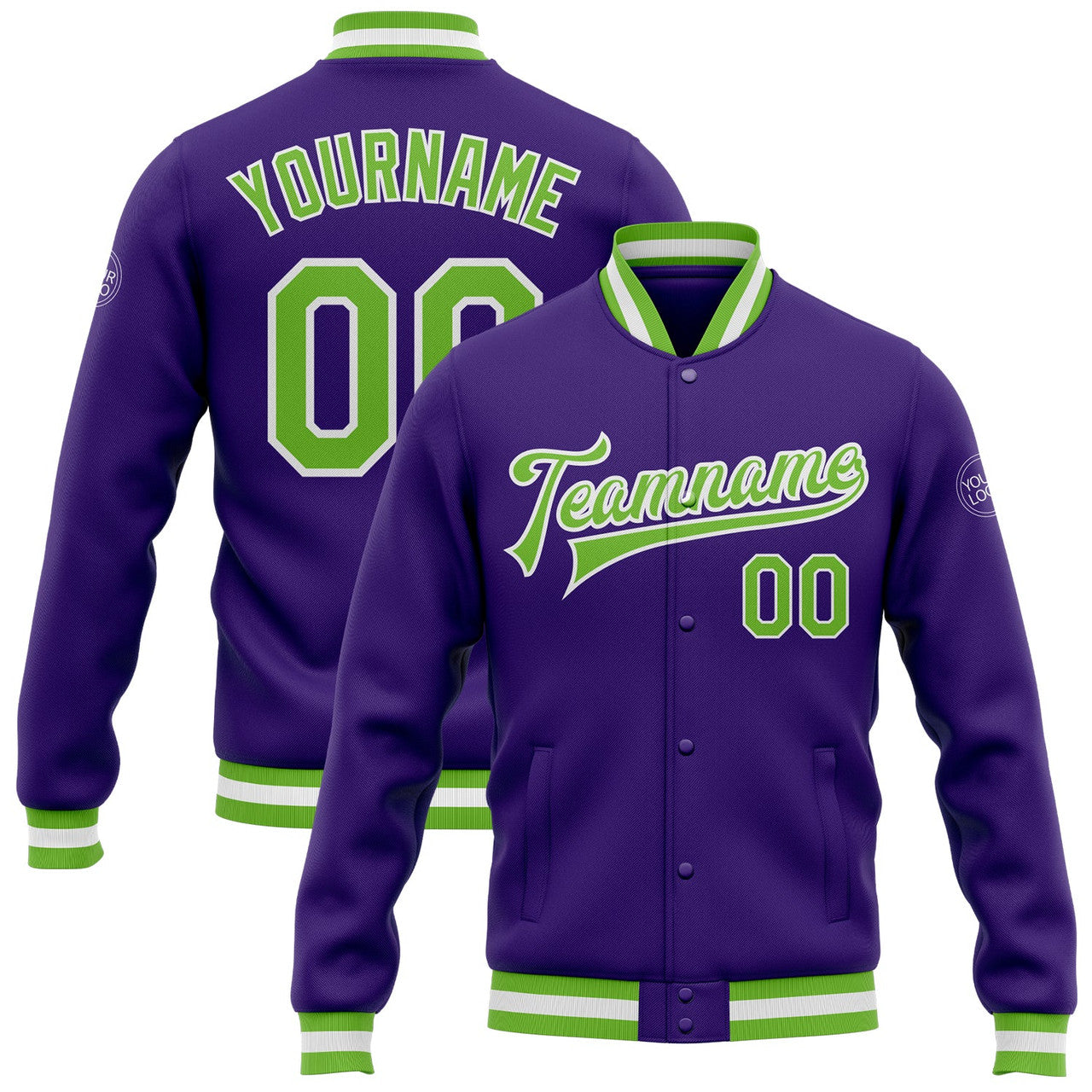 FUNSTUFFPRINT Custom Purple Neon Green-White Bomber Full-Snap Varsity Letterman Jacket 3D Baseball Jacket