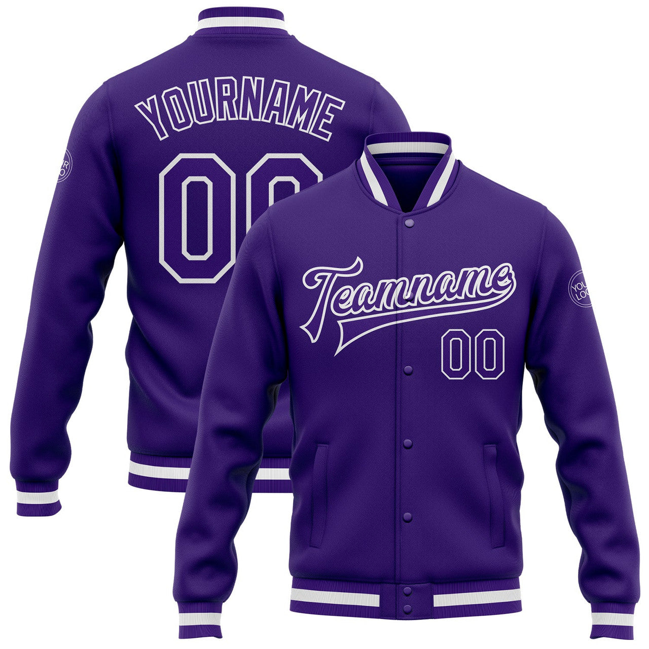 FUNSTUFFPRINT Custom Purple Purple-White Bomber Full-Snap Varsity Letterman Jacket 3D Baseball Jacket