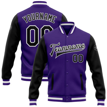 FUNSTUFFPRINT Custom Purple Black-White Bomber Full-Snap Varsity Letterman Two Tone Jacket 3D Baseball Jacket