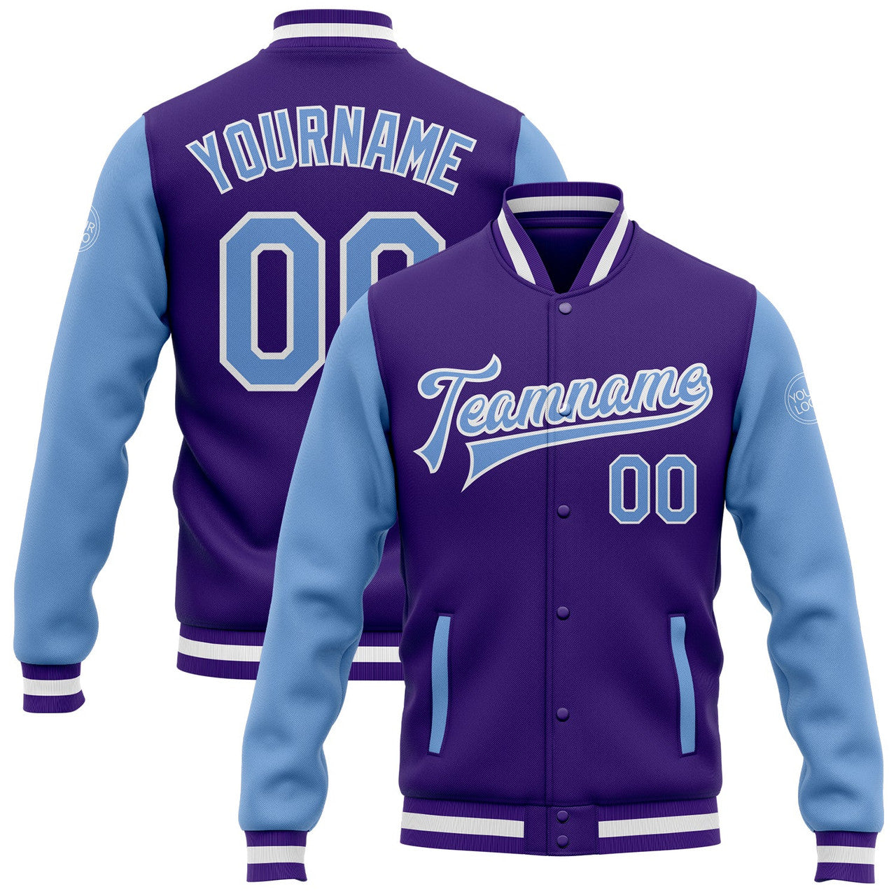 FUNSTUFFPRINT Custom Purple Light Blue-White Bomber Full-Snap Varsity Letterman Two Tone Jacket 3D Baseball Jacket