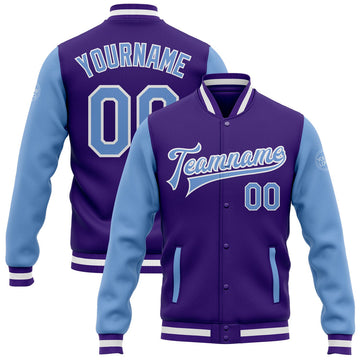 FUNSTUFFPRINT Custom Purple Light Blue-White Bomber Full-Snap Varsity Letterman Two Tone Jacket 3D Baseball Jacket