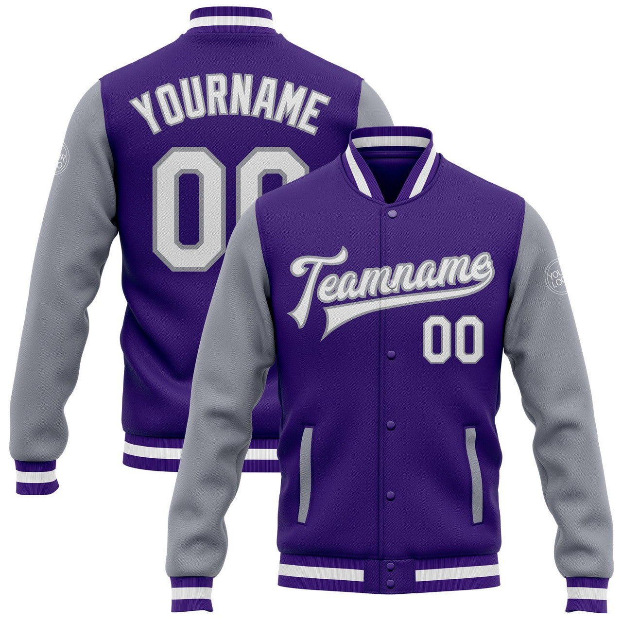 FUNSTUFFPRINT Custom Purple White-Gray Bomber Full-Snap Varsity Letterman Two Tone Jacket 3D Baseball Jacket