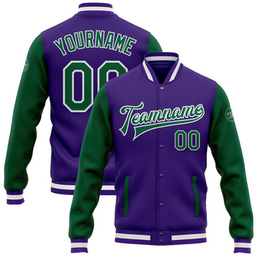 FUNSTUFFPRINT Custom Purple Kelly Green-White Bomber Full-Snap Varsity Letterman Two Tone Jacket 3D Baseball Jacket