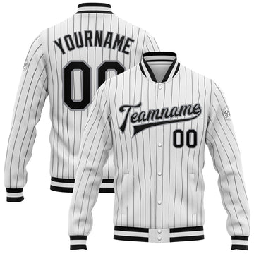 FUNSTUFFPRINT Custom White Black Pinstripe Black-Gray Bomber Full-Snap Varsity Letterman Jacket 3D Baseball Jacket