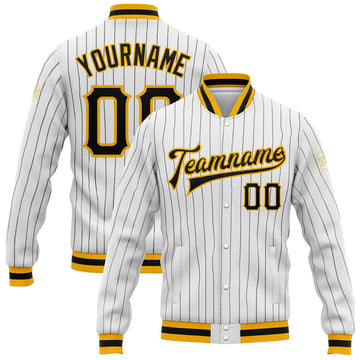FUNSTUFFPRINT Custom White Black Pinstripe Black-Gold Bomber Full-Snap Varsity Letterman Jacket 3D Baseball Jacket