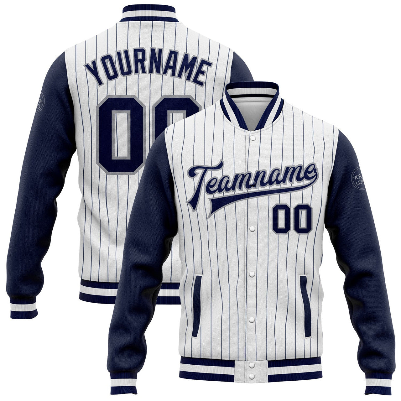 FUNSTUFFPRINT Custom White Navy Pinstripe Navy-Gray Bomber Full-Snap Varsity Letterman Two Tone Jacket 3D Baseball Jacket