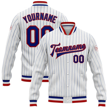 FUNSTUFFPRINT Custom White Royal Pinstripe Royal-Red Bomber Full-Snap Varsity Letterman Jacket 3D Baseball Jacket