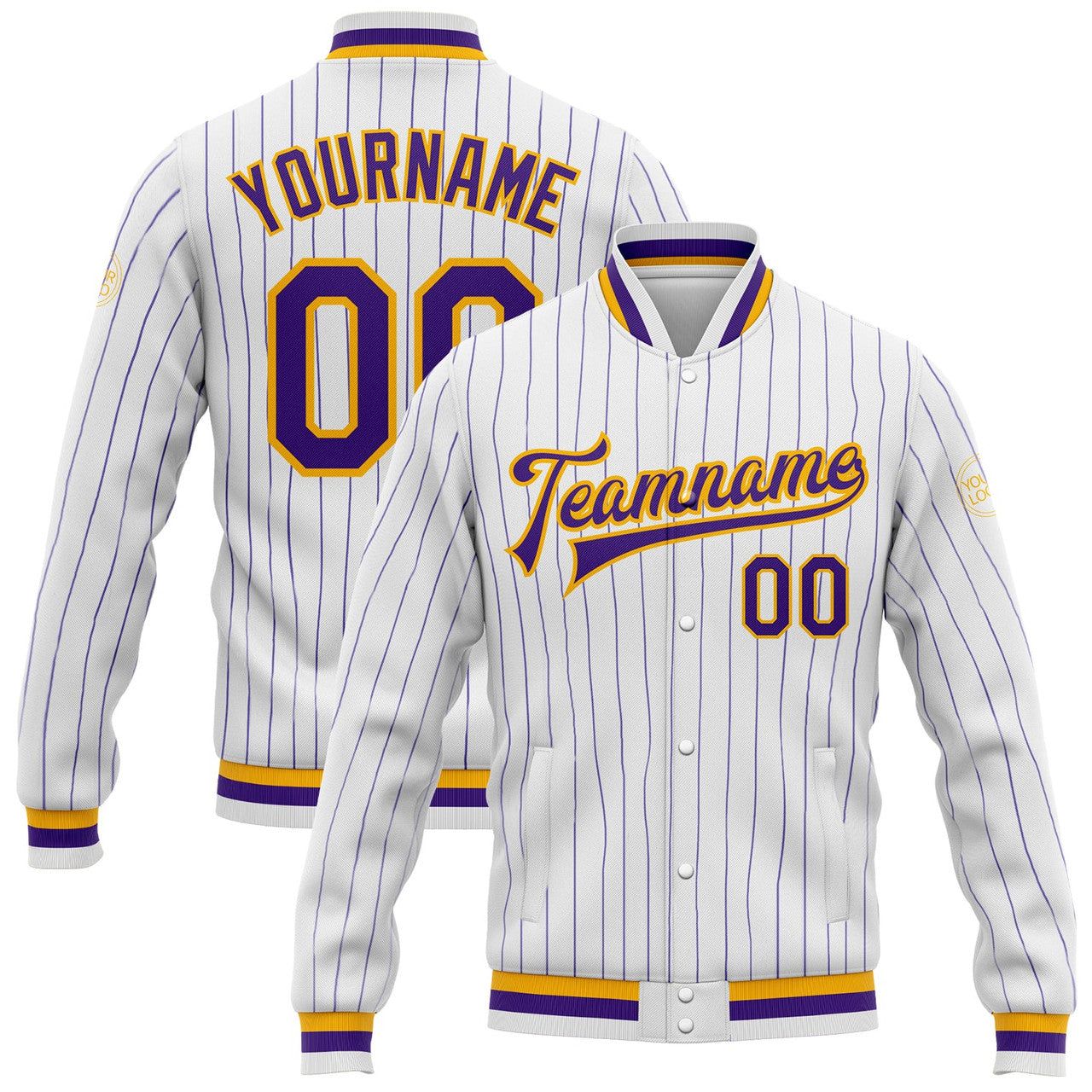 FUNSTUFFPRINT Custom White Purple Pinstripe Purple-Gold Bomber Full-Snap Varsity Letterman Jacket 3D Baseball Jacket