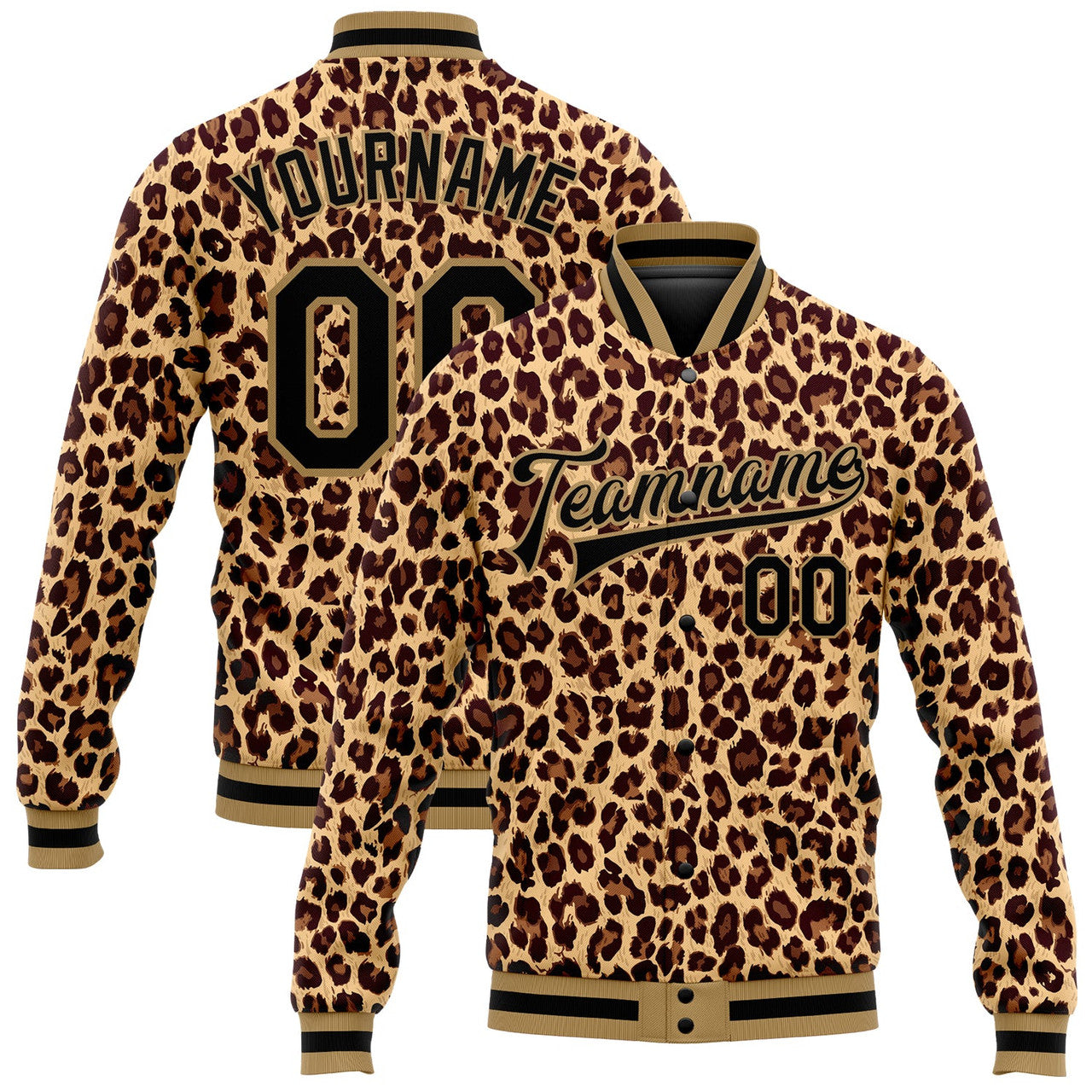 FUNSTUFFPRINT Custom Brown Black-Old Gold Leopard 3D Pattern Design Bomber Full-Snap Varsity Letterman Jacket