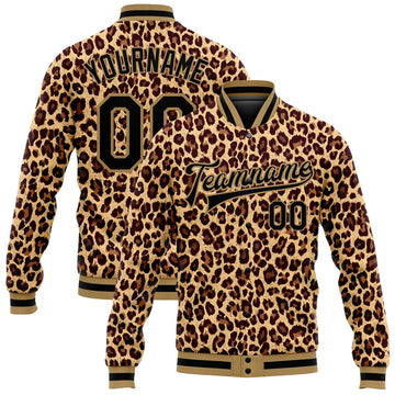 FUNSTUFFPRINT Custom Brown Black-Old Gold Leopard 3D Pattern Design Bomber Full-Snap Varsity Letterman Jacket