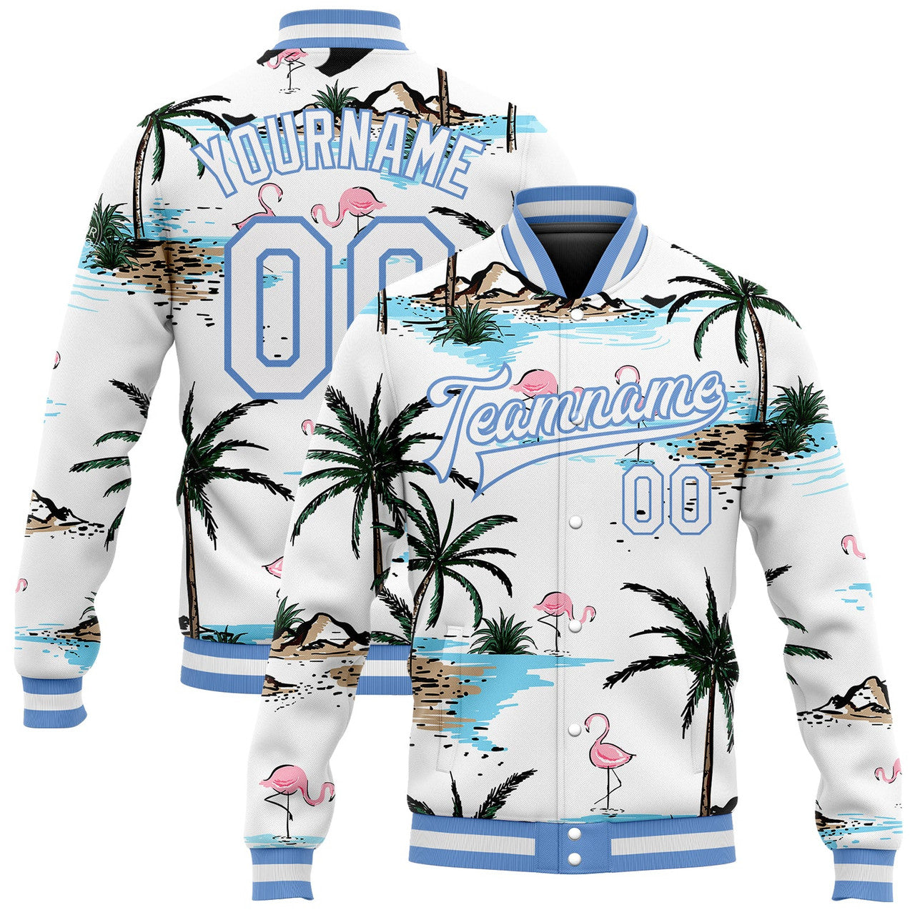 FUNSTUFFPRINT Custom White White-Light Blue Hawaii Palm Trees And Flamingo 3D Bomber Full-Snap Varsity Letterman Jacket 3D Baseball Jacket