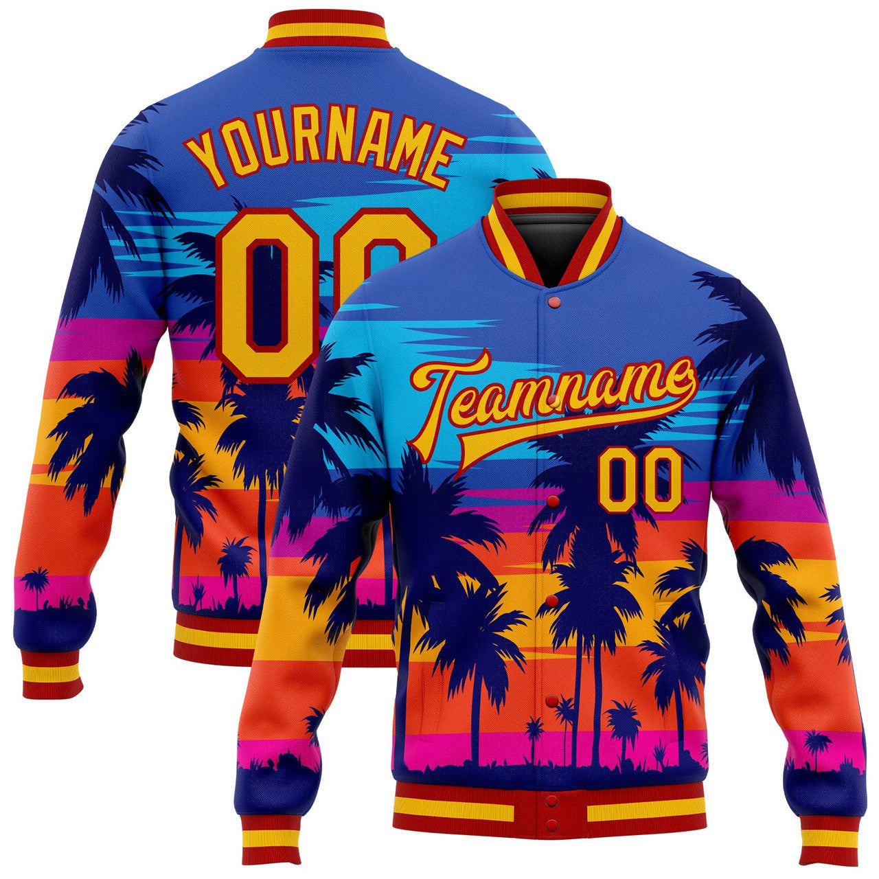 FUNSTUFFPRINT Custom Royal Gold-Red Hawaii Palm Trees 3D Bomber Full-Snap Varsity Letterman Jacket 3D Baseball Jacket