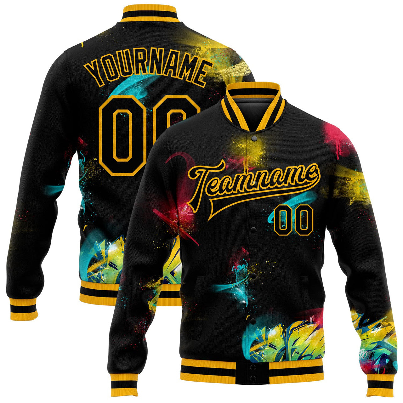 FUNSTUFFPRINT Custom Graffiti Pattern Black-Gold 3D Bomber Full-Snap Varsity Letterman Jacket 3D Baseball Jacket