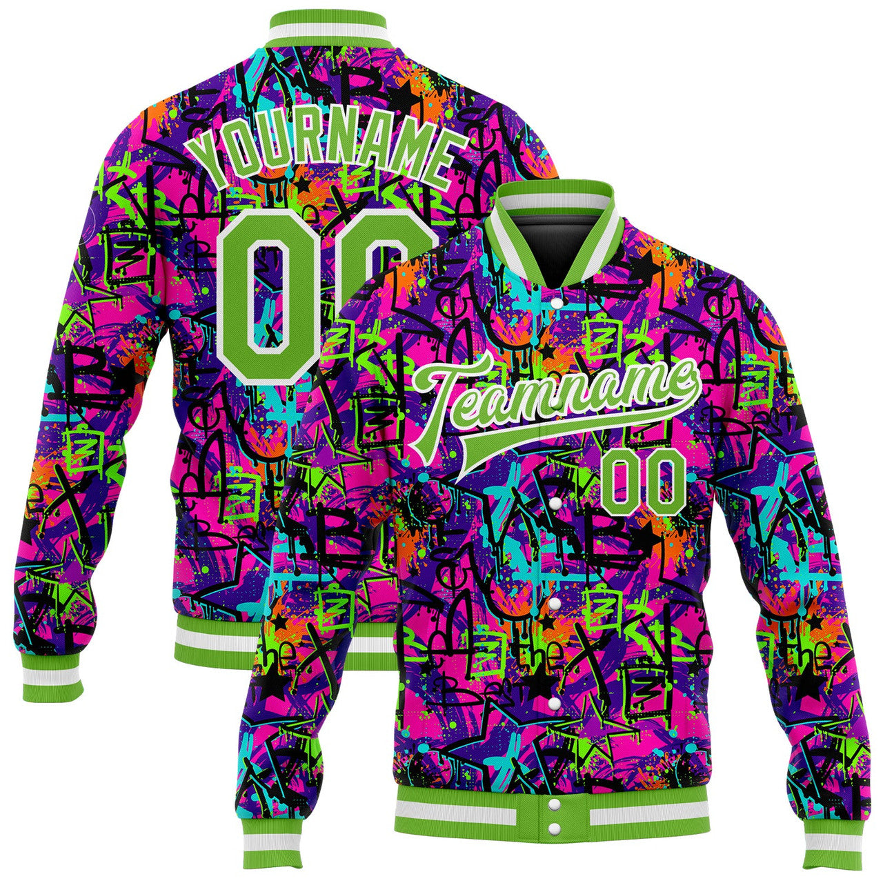 FUNSTUFFPRINT Custom Graffiti Pattern Neon Green-White 3D Bomber Full-Snap Varsity Letterman Jacket 3D Baseball Jacket