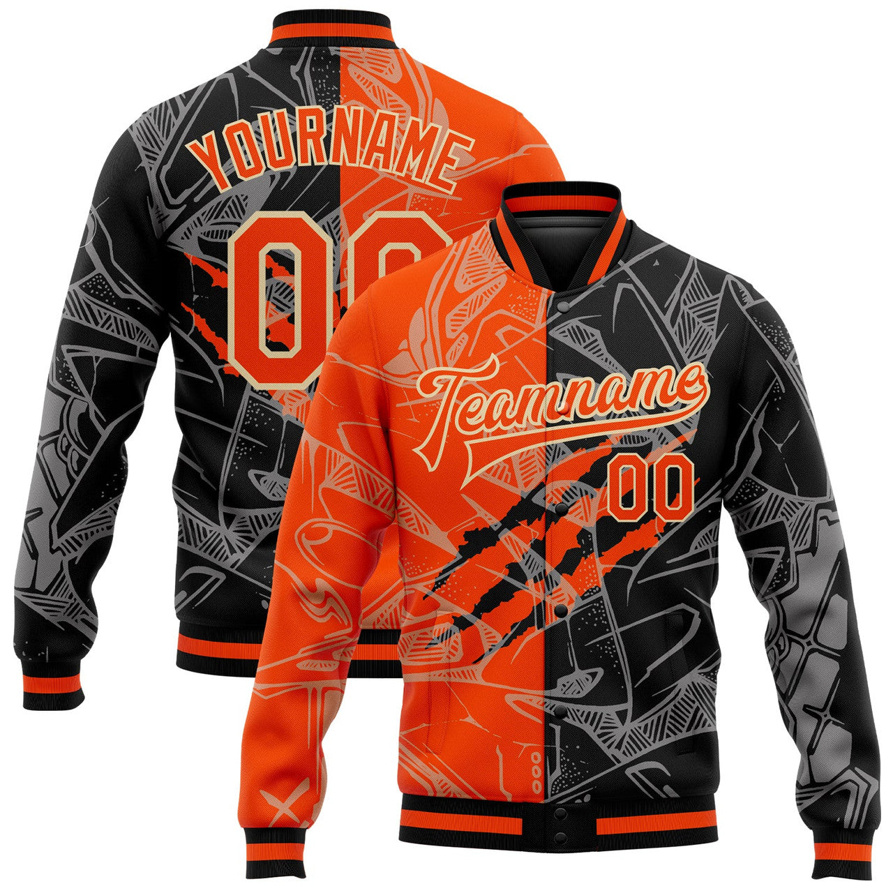 FUNSTUFFPRINT Custom Graffiti Pattern Orange Black-Cream Scratch 3D Bomber Full-Snap Varsity Letterman Jacket 3D Baseball Jacket
