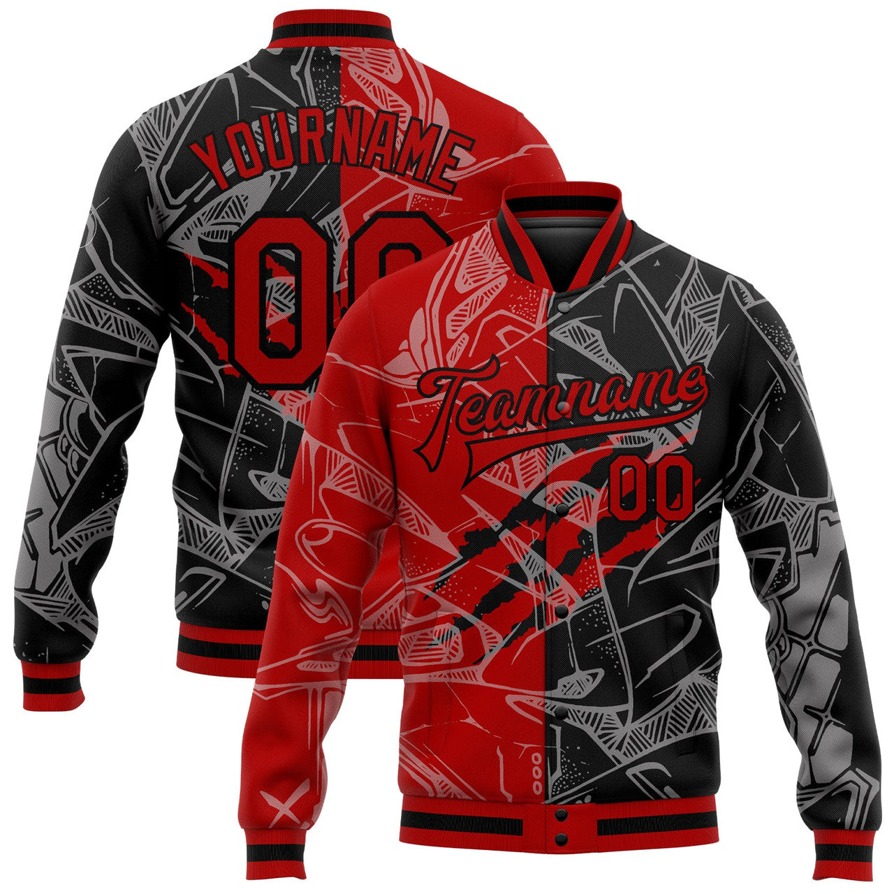 FUNSTUFFPRINT Custom Graffiti Pattern Red-Black Scratch 3D Bomber Full-Snap Varsity Letterman Jacket 3D Baseball Jacket