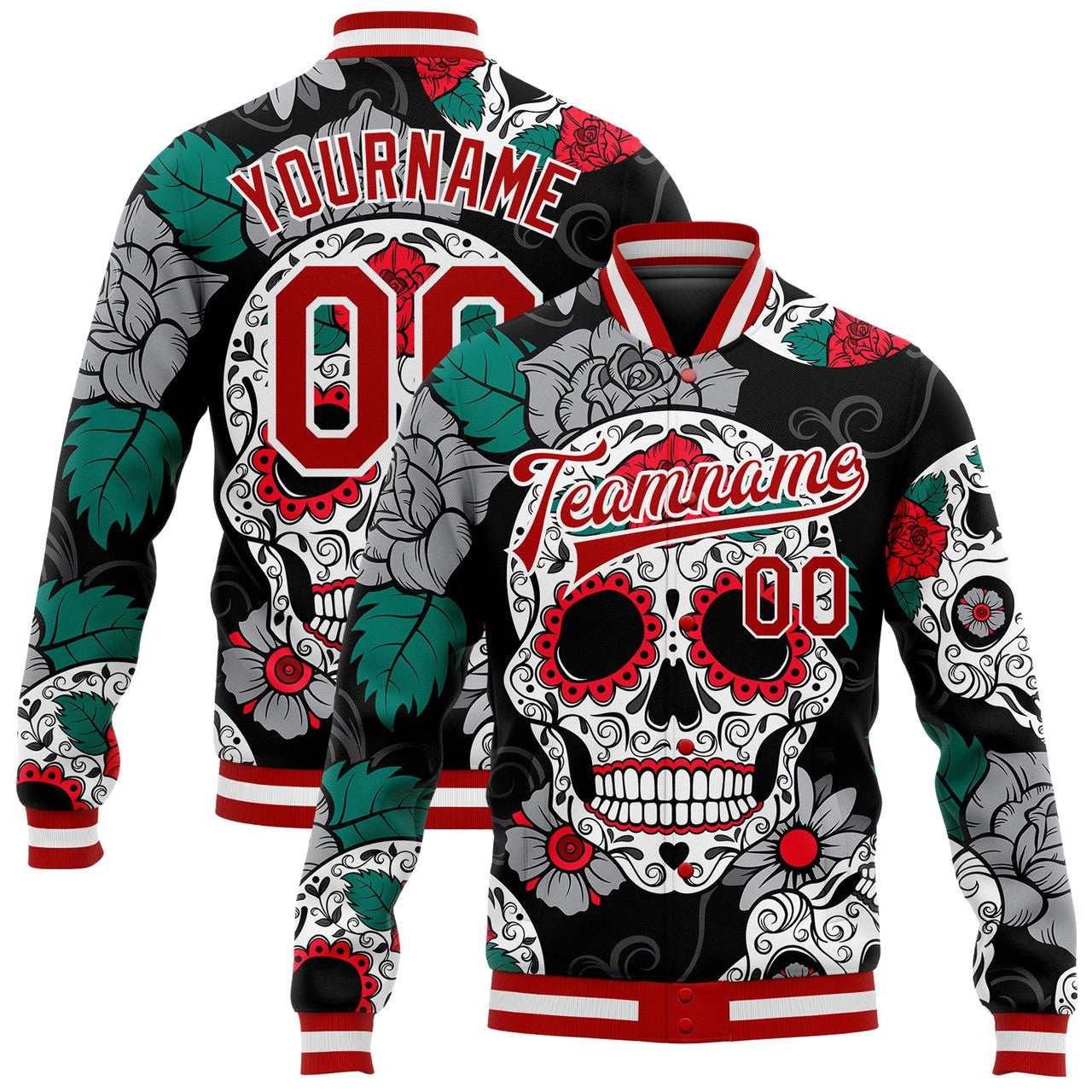 FUNSTUFFPRINT Custom Black Red-White Skull Fashion 3D Bomber Full-Snap Varsity Letterman Jacket 3D Baseball Jacket