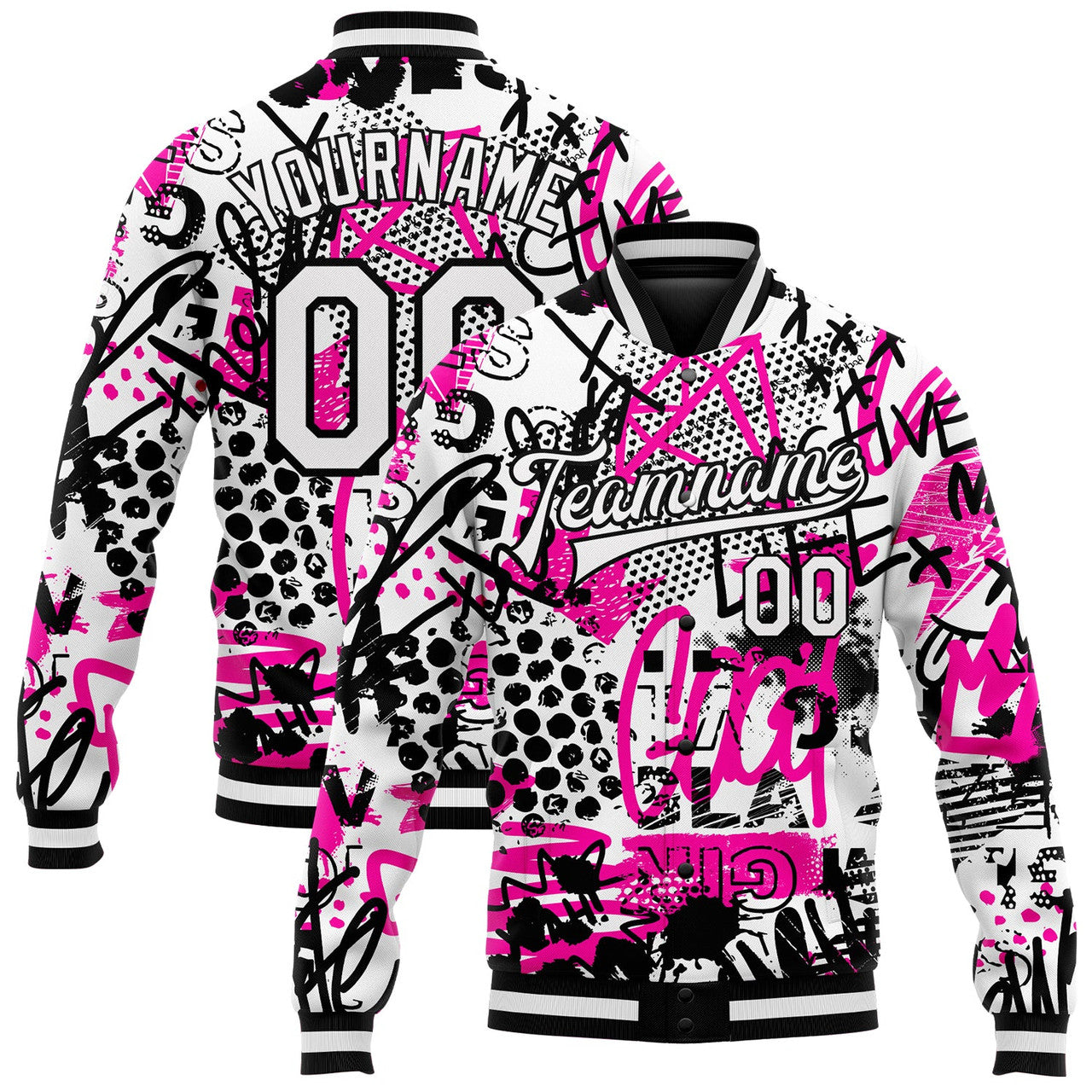 FUNSTUFFPRINT Custom Graffiti Pattern White-Black Scratch 3D Bomber Full-Snap Varsity Letterman Jacket 3D Baseball Jacket