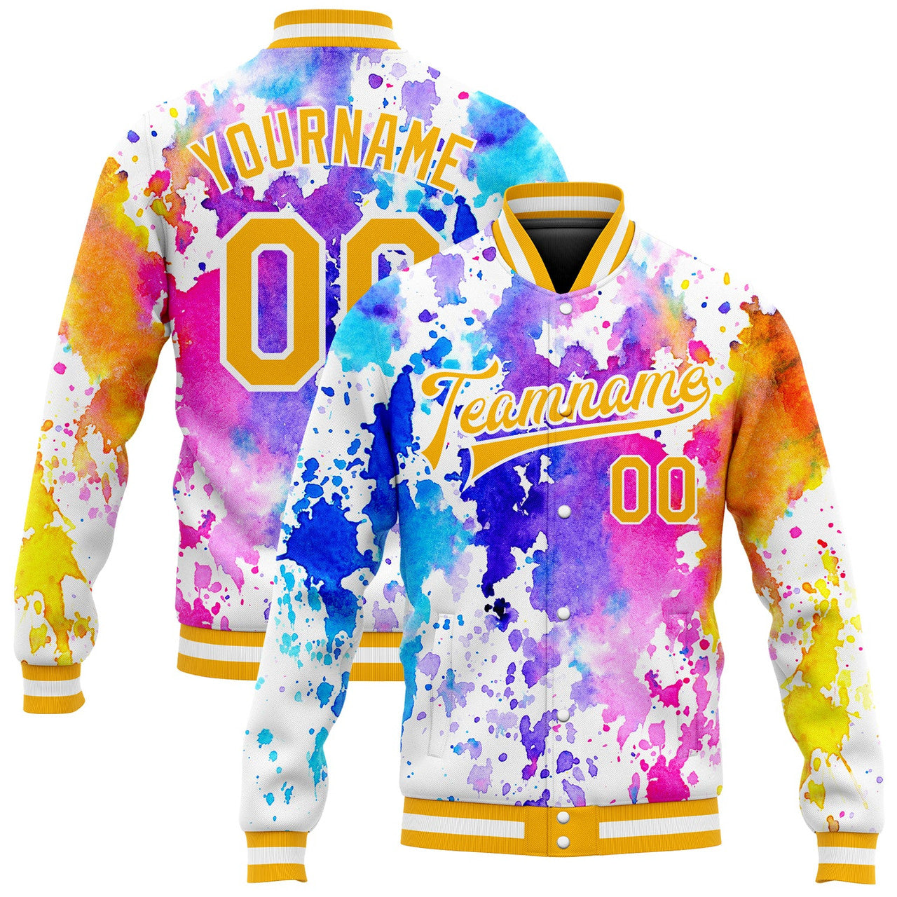 FUNSTUFFPRINT Custom Tie Dye Gold-White Rainbow 3D Bomber Full-Snap Varsity Letterman Jacket 3D Baseball Jacket