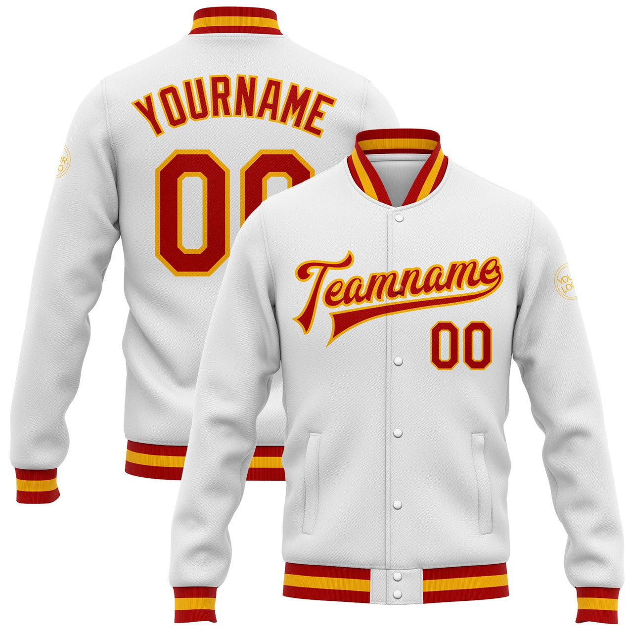 FUNSTUFFPRINT Custom White Red-Gold Bomber Full-Snap Varsity Letterman Jacket 3D Baseball Jacket