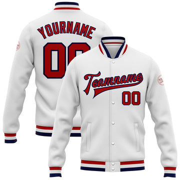 FUNSTUFFPRINT Custom White Red-Navy Bomber Full-Snap Varsity Letterman Jacket 3D Baseball Jacket