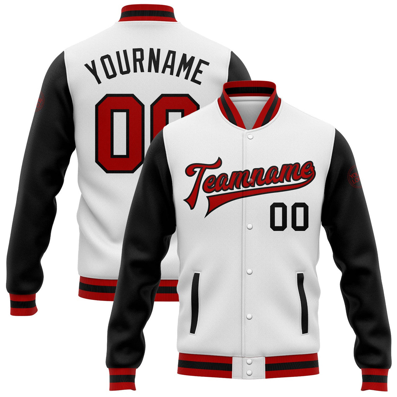 FUNSTUFFPRINT Custom White Red-Black Bomber Full-Snap Varsity Letterman Two Tone Jacket 3D Baseball Jacket