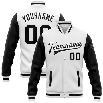 FUNSTUFFPRINT Custom White Black Bomber Full-Snap Varsity Letterman Two Tone Jacket 3D Baseball Jacket