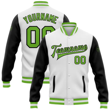 FUNSTUFFPRINT Custom White Neon Green-Black Bomber Full-Snap Varsity Letterman Two Tone Jacket 3D Baseball Jacket
