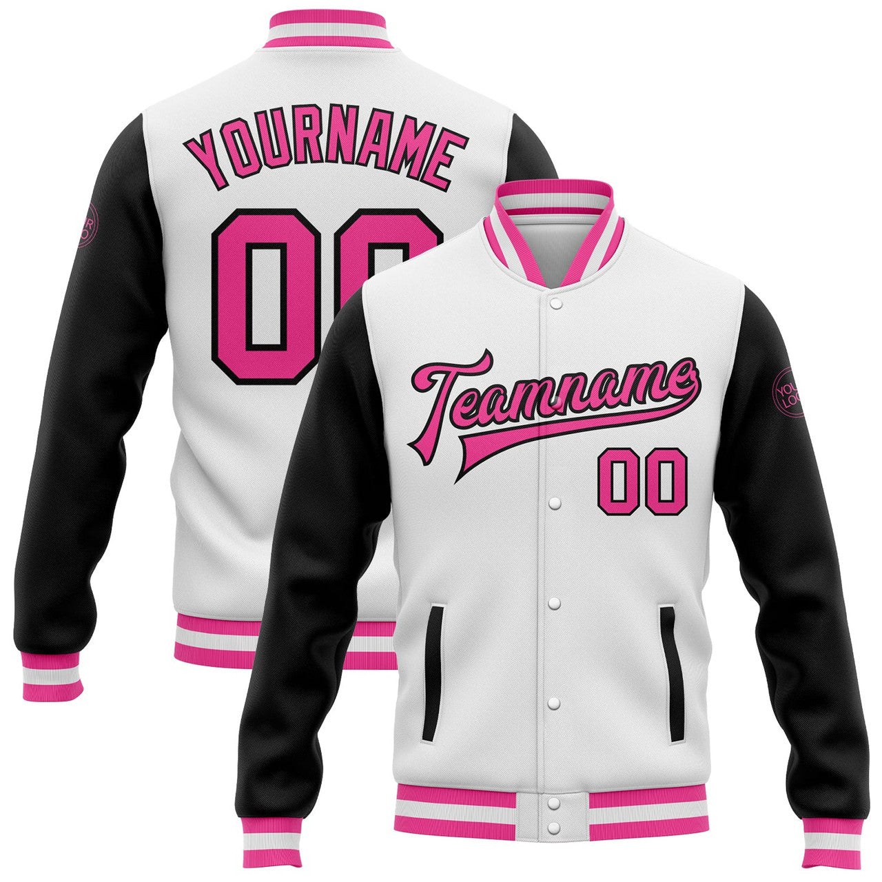 FUNSTUFFPRINT Custom White Pink-Black Bomber Full-Snap Varsity Letterman Two Tone Jacket 3D Baseball Jacket