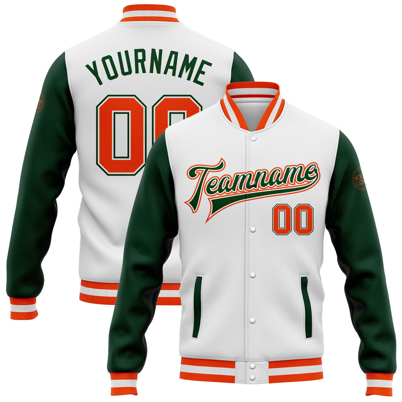 FUNSTUFFPRINT Custom White Orange-Green Bomber Full-Snap Varsity Letterman Two Tone Jacket 3D Baseball Jacket