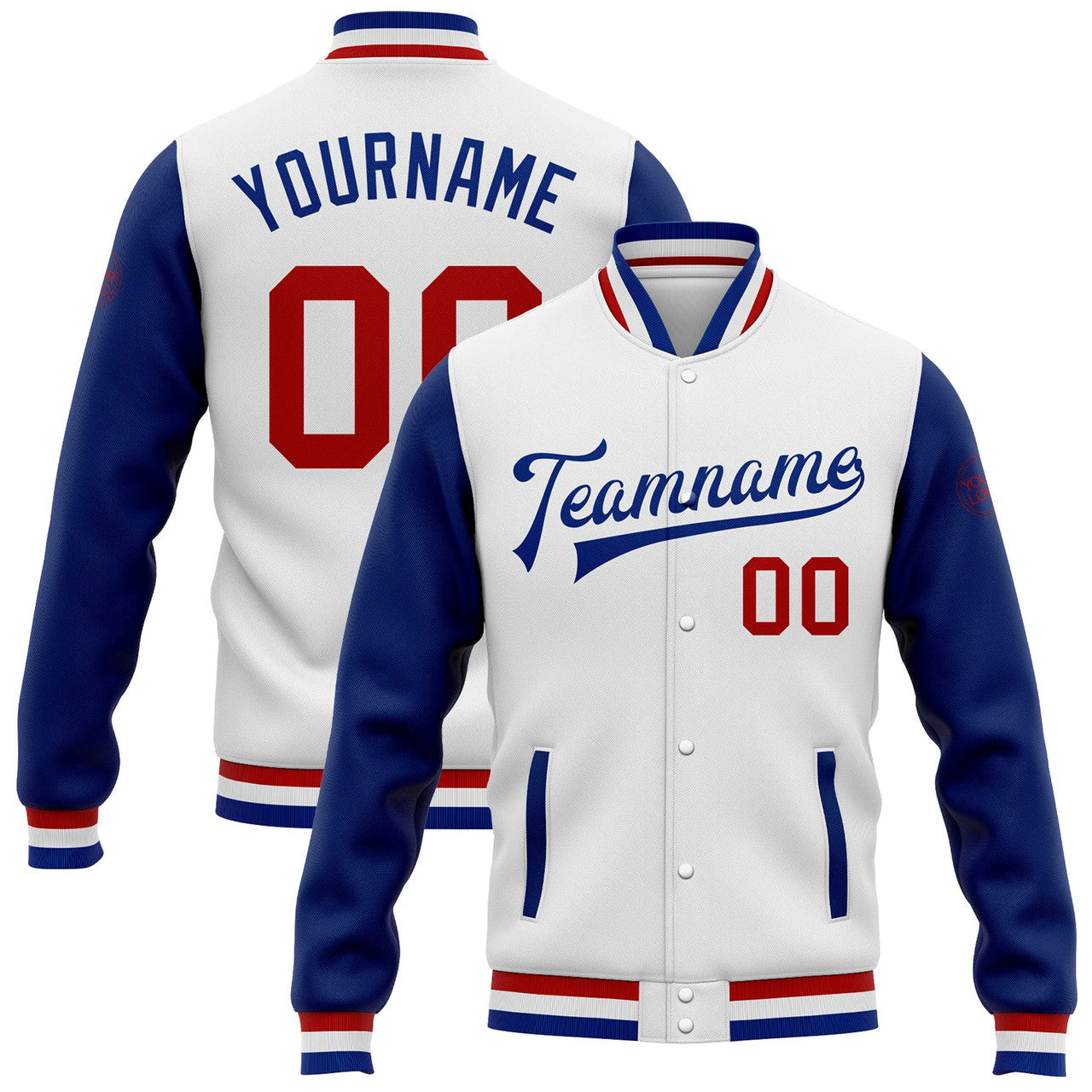 FUNSTUFFPRINT Custom White Red-Royal Bomber Full-Snap Varsity Letterman Two Tone Jacket 3D Baseball Jacket