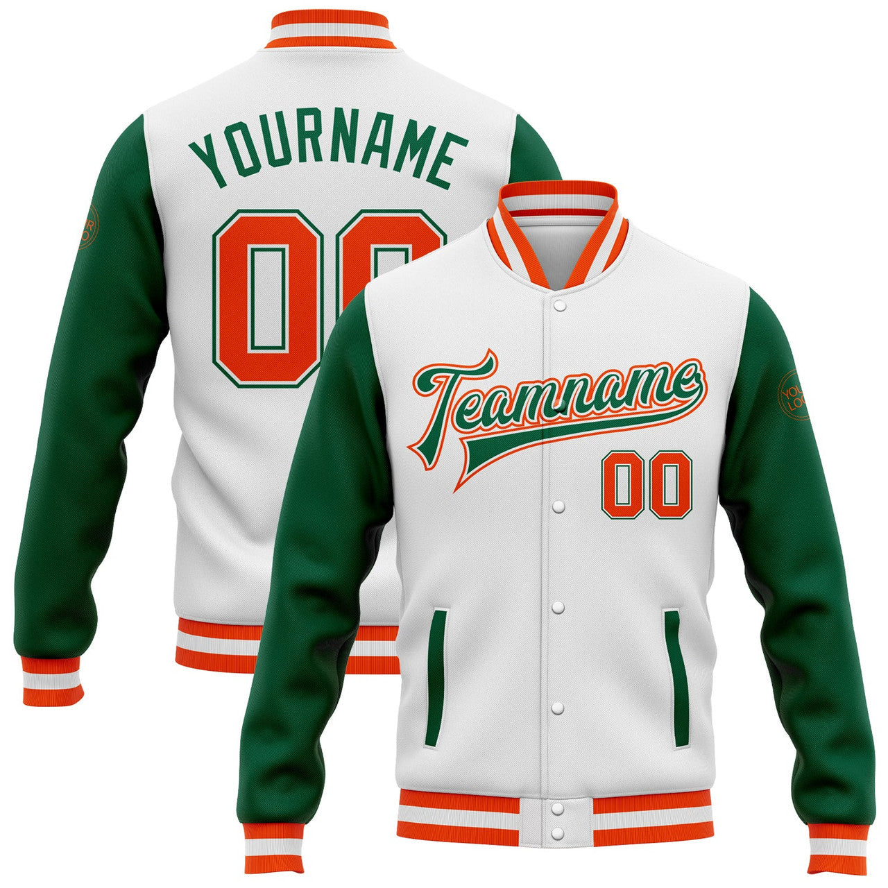 FUNSTUFFPRINT Custom White Orange-Kelly Green Bomber Full-Snap Varsity Letterman Two Tone Jacket 3D Baseball Jacket