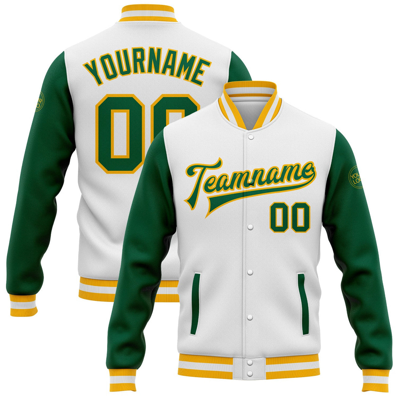 FUNSTUFFPRINT Custom White Kelly Green-Gold Bomber Full-Snap Varsity Letterman Two Tone Jacket 3D Baseball Jacket