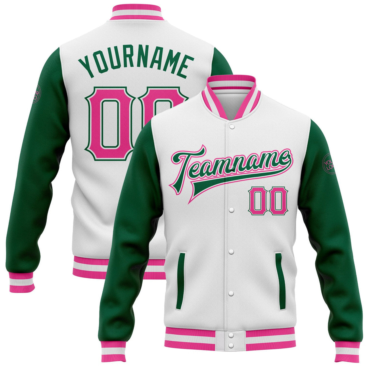FUNSTUFFPRINT Custom White Pink-Kelly Green Bomber Full-Snap Varsity Letterman Two Tone Jacket 3D Baseball Jacket